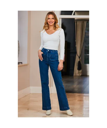 Sosandar Womens Mid Blue Wide Leg Pocket Detail Jeans Cotton