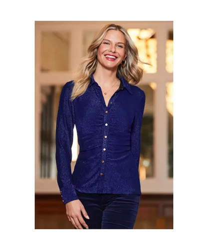 Sosandar Womens Midnight Blue Metallic Jersey Ruched Detail Shirt