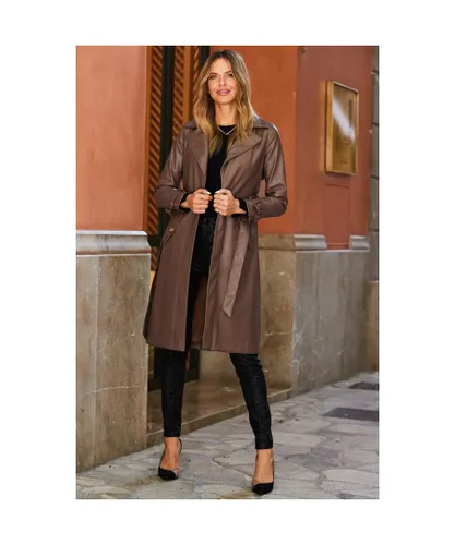 Sosandar Womens Mocha Brown Faux Leather Belted Trench Coat