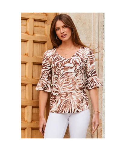Sosandar Womens Natural Zebra Print Fluted Sleeve Relaxed Fit Jersey Top - Brown