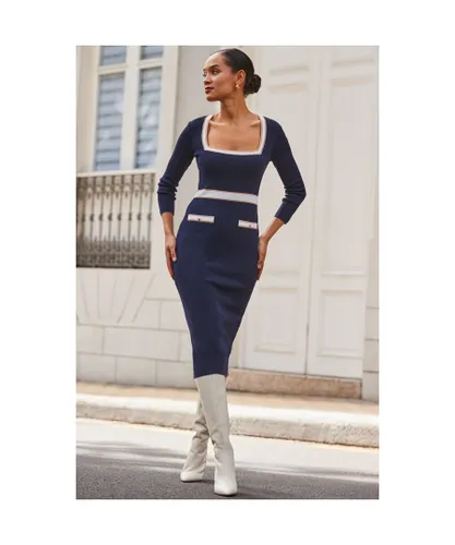 Sosandar Womens Navy Blue Contrast Trim Square Neck Knitted Dress