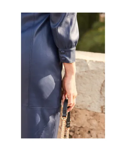 Sosandar Womens Navy Blue Faux Leather Belted Shirt Dress
