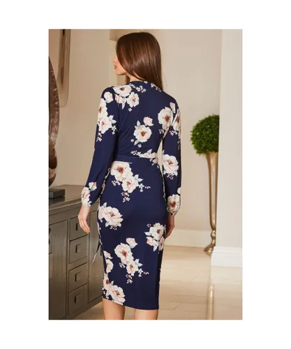 Sosandar Womens Navy Blue Floral Print Wrap Front Midi Jersey Dress