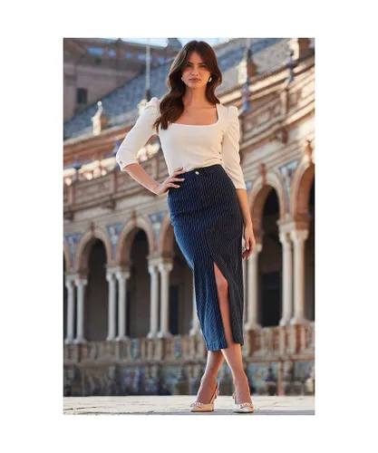 Sosandar Womens Navy Blue Pinstripe Midi Denim Skirt