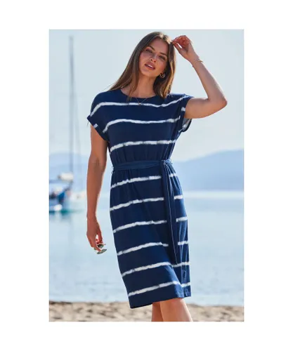 Sosandar Womens Navy Blue Tie Dye Stripe Jersey T-Shirt Dress