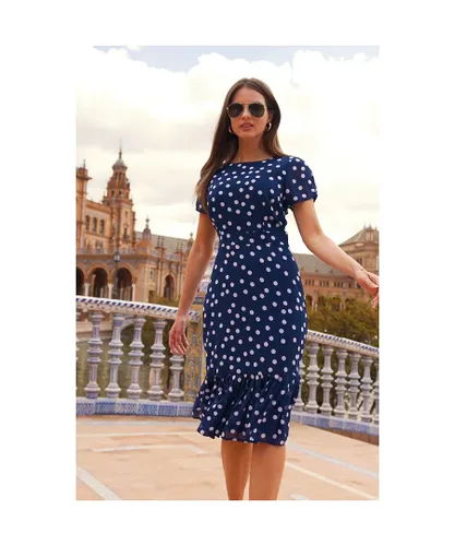 Sosandar Womens Navy Blue & White Spot Print Pleated Hem Fit & Flare Dress