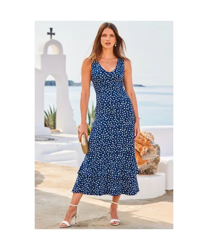 Sosandar Womens Navy Blue & White Spot Print Tiered Hem Fit & Flare Jersey Dress