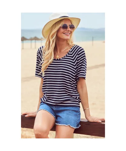 Sosandar Womens Navy Blue & White Striped Relaxed Fit Scoop Neck T-Shirt