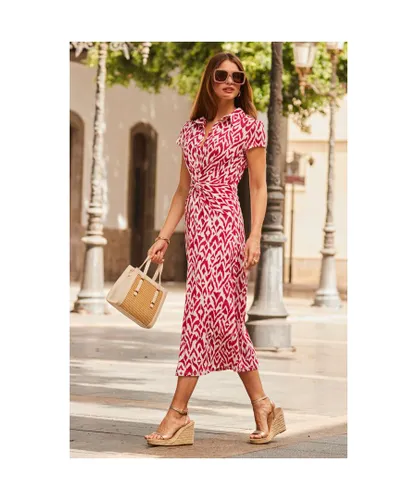 Sosandar Womens Pink Abstract Print Twist Detail Midi Jersey Dress