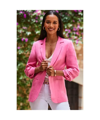 Sosandar Womens Pink Ruched Sleeve Linen Blazer