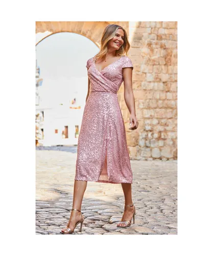Sosandar Womens Pink Sequin Wrap Front Fit & Flare Dress