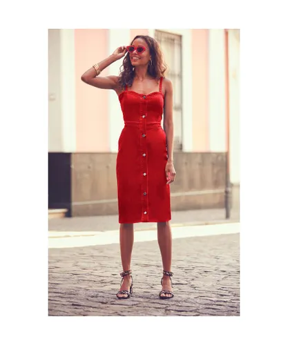 Sosandar Womens Red Button Front Denim Dress