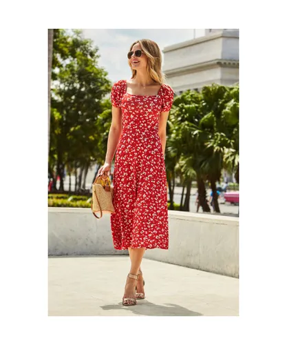 Sosandar Womens Red Ditsy Floral Print Puff Sleeve Jersey Midi Dress