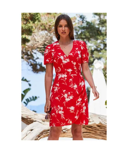 Sosandar Womens Red Floral Print Button Detail Faux Wrap Dress