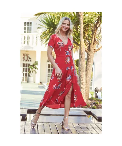 Sosandar Womens Red Floral Print Split Front Maxi Dress