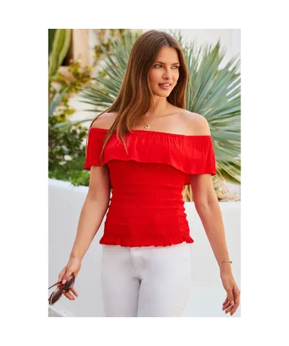 Sosandar Womens Red Frill Detail Shirred Bodice Bardot Top