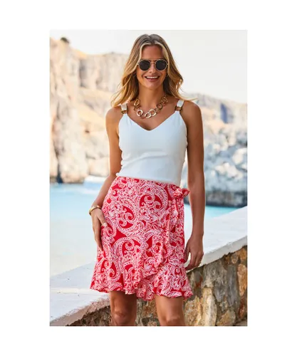 Sosandar Womens Red Paisley Print Ruffle Hem Faux Wrap Skirt