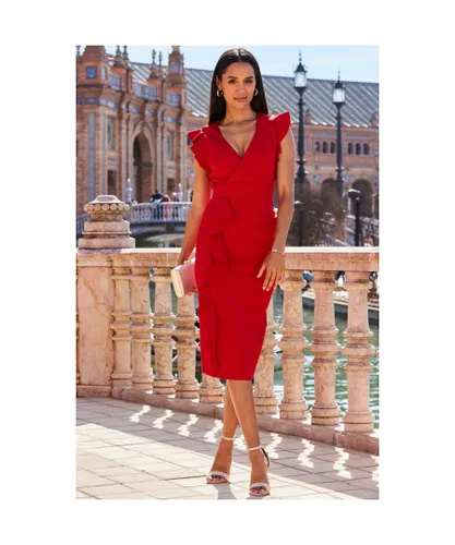 Sosandar Womens Red Premium Ruffle Detail Midi Jersey Dress