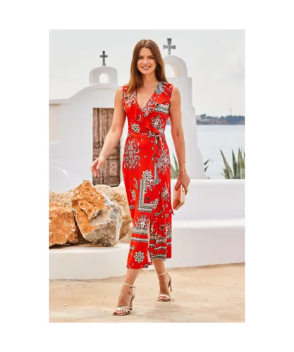 Sosandar Womens Red Scarf Print Ruffle Detail Midi Wrap Jersey Dress