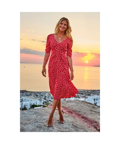 Sosandar Womens Red & White Spot Print Ruched Front Fit & Flare Dress