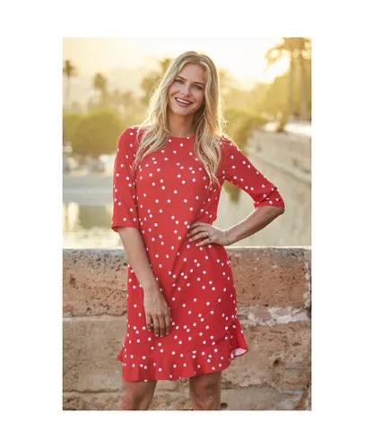Sosandar Womens Red & White Spot Print Ruffle Hem Shift Dress