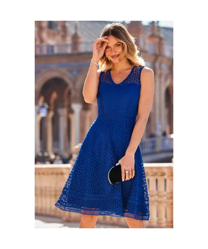 Sosandar Womens Royal Blue Luxe Lace Fit & Flare Dress