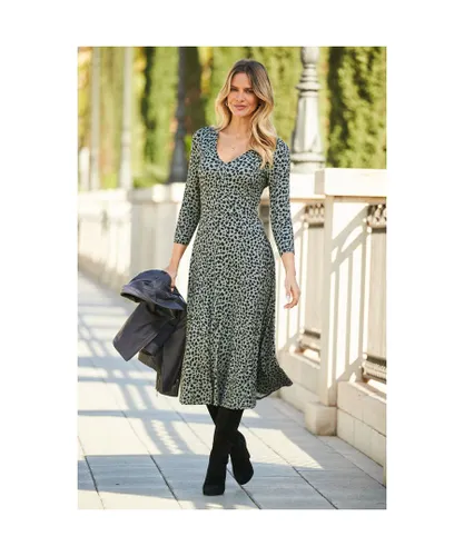 Sosandar Womens Sage Green Animal Print Jersey Midi Dress