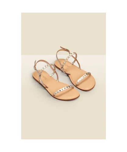 Sosandar Womens Senorita Gold Leather Stud Detail Strappy Flat Sandals