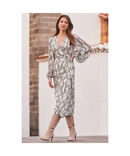 Sosandar Womens Snake Print Blouson Sleeve Wrap Midi Dress - Grey