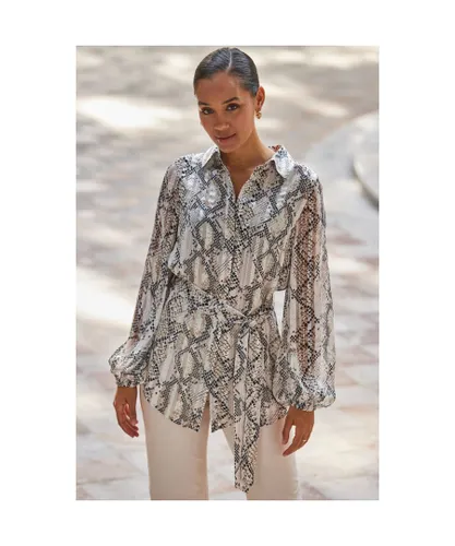 Sosandar Womens Snake Print Relaxed Fit Belted Longline Shirt - Grey
