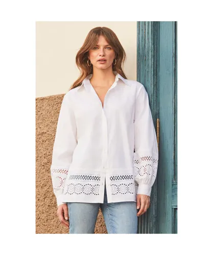 Sosandar Womens White Broderie Detail Balloon Sleeve Cotton Shirt