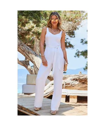 Sosandar Womens White Linen Belted Jumpsuit Viscose/Linen