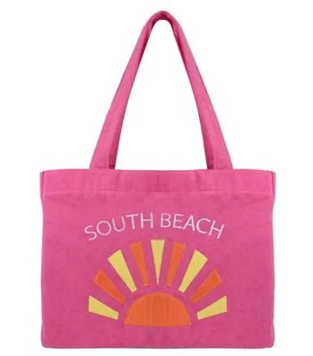 South Beach Bright Pink Towel Embroidered Beach Bag New Look