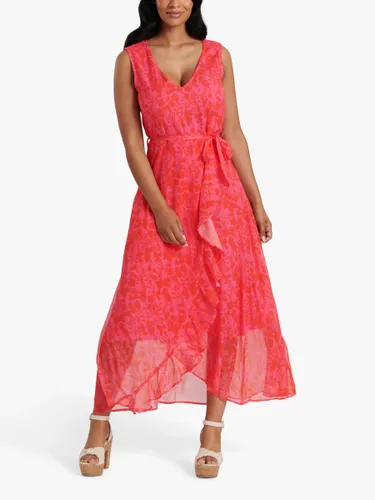 South Beach Chiffon V-Neck Frill Wrap Midi Dress, Red/Pink - Red/Pink - Female