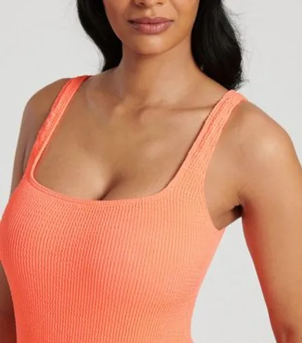 South Beach Coral Crinkle Textured Scoop Neck Swimsuit New Look
