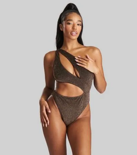 South Beach Dark Brown Metallic Asymmetric Cut Out Swimsuit New Look