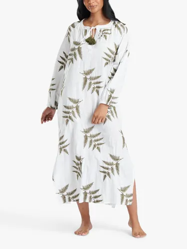 South Beach Embroidered Tie Neck Maxi Beach Dress, White/Olive - White/Olive - Female
