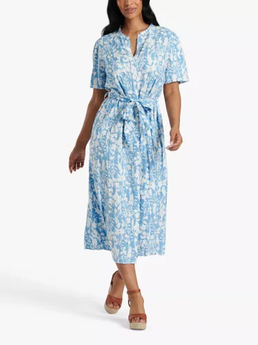 South Beach Floral Print Tie Waist Midi Shirt Dress, Blue/White - Blue/White - Female