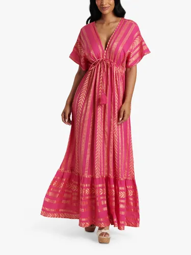 South Beach Metallic Jacquard V-Neck Maxi Dress, Pink/Gold - Pink/Gold - Female