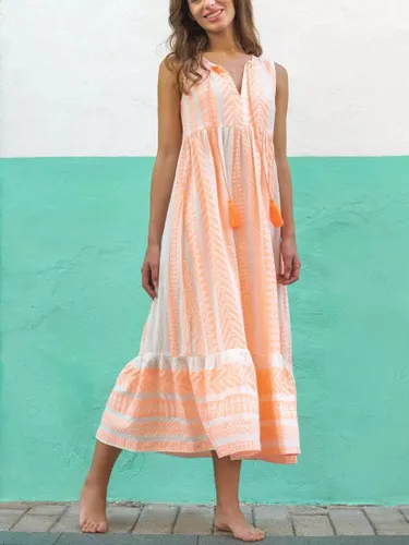 South Beach Tiered Hem Jacquard Maxi Dress, Light Orange/White - Light Orange/White - Female