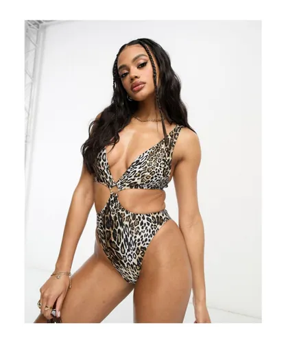 South Beach Womens cut out ring detail swimsuit in leopard print-Multi - Multicolour