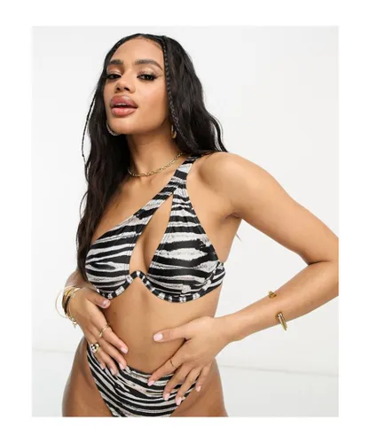 South Beach Womens mix & match one shoulder underwire bikini top in zebra print-Multi - Multicolour