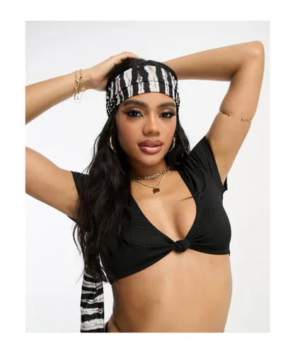 South Beach Womens mix & match rib cap sleeve bikini top in black