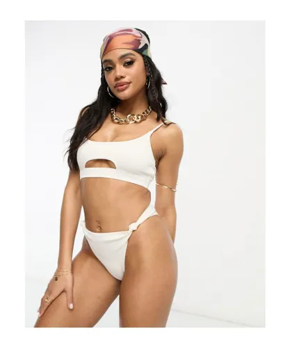 South Beach Womens mix & match rib knot high waist bikini bottom in cream-White
