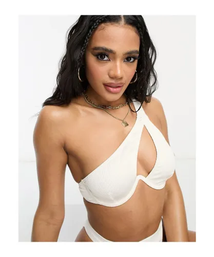 South Beach Womens mix & match rib one shoulder underwire bikini top in cream-White