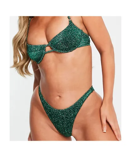 South Beach Womens mix & match scoop high leg bikini bottom in emerald metallic-Green