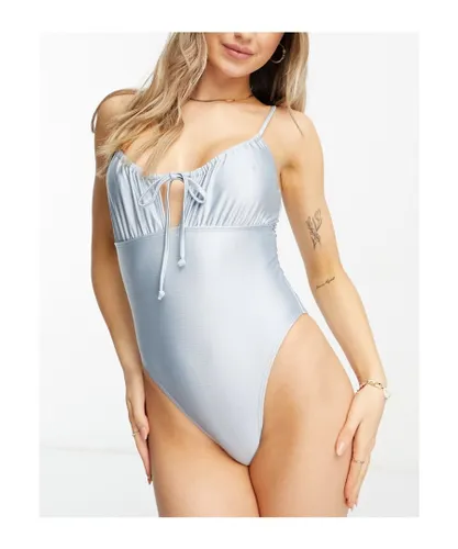 South Beach Womens shiny tie front high rise swim suit in silver