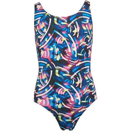 Speedo Junior Girls Digital Allover Print Leaderback Swimsuit Black/Blue
