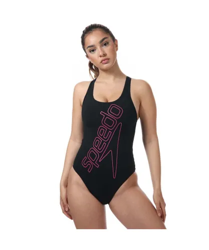 Speedo Womenss Boom Logo Placement Flyback Swimsuit in black pink