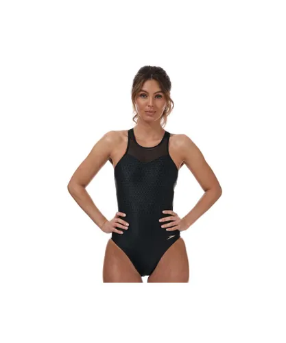 Speedo Womenss Hexagonal Mesh Panel Swimsuit in Black Grey Nylon